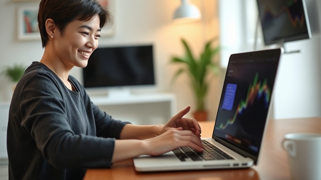 Junge Frau arbeitet am Laptop und chattet, um online Geld zu verdienen, im Homeoffice 2026.