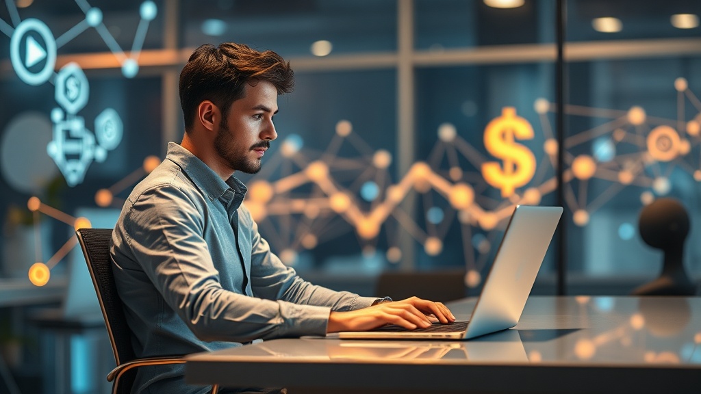 Person arbeitet konzentriert am Laptop, um Geld über das Internet zu verdienen, mit digitalen Netzwerken im Hintergrund.