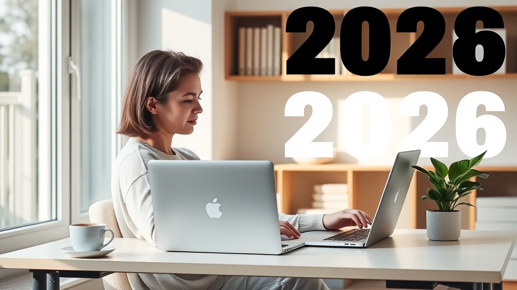 Eine Person arbeitet konzentriert an einem Laptop in einem modernen Heimbüro im Jahr 2026, umgeben von Pflanzen und natürlichem Licht, symbolisierend flexible Nebenjobs von zu Hause aus.