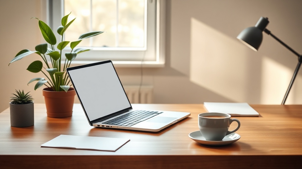 Ein moderner, heller Arbeitsplatz zuhause mit Laptop, Kaffee und einer Pflanze auf einem Holzschreibtisch