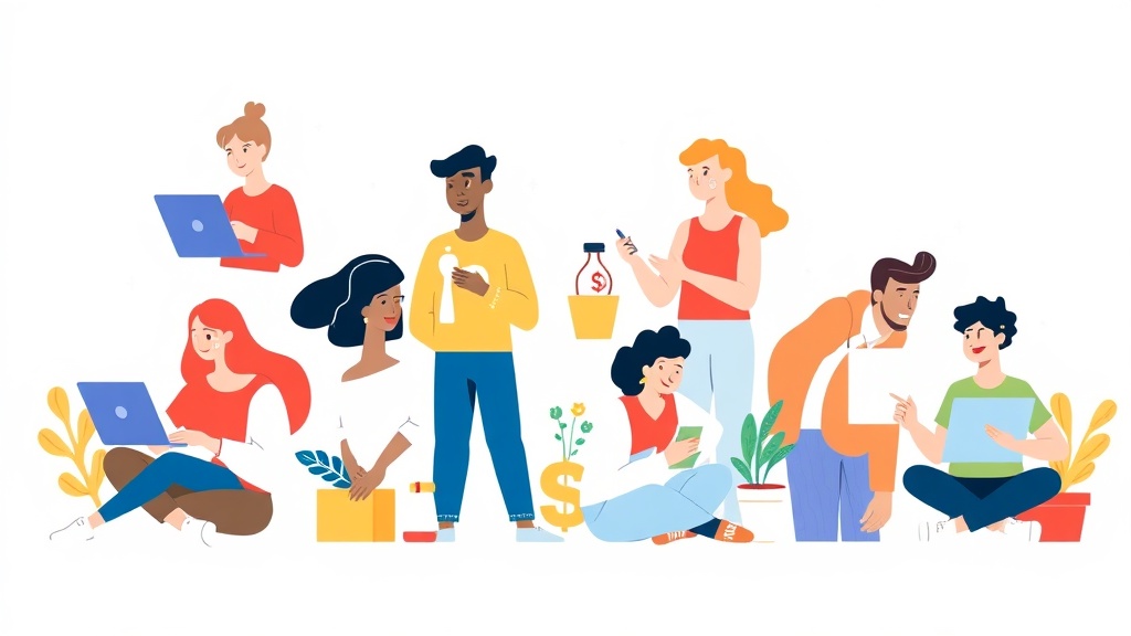 Illustration verschiedener Personen, die online Geld verdienen durch Umfragen, Freelancing, Verkauf und Nachhilfe.