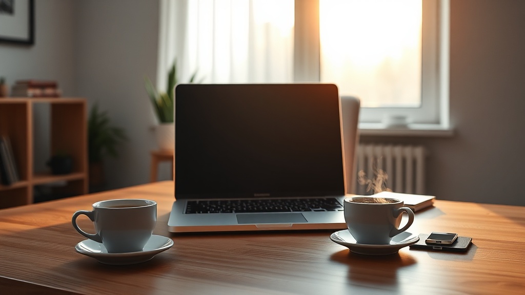 Ein sauberer und moderner Home-Office-Arbeitsplatz mit Laptop und Kaffee bei freundlichem Tageslicht.