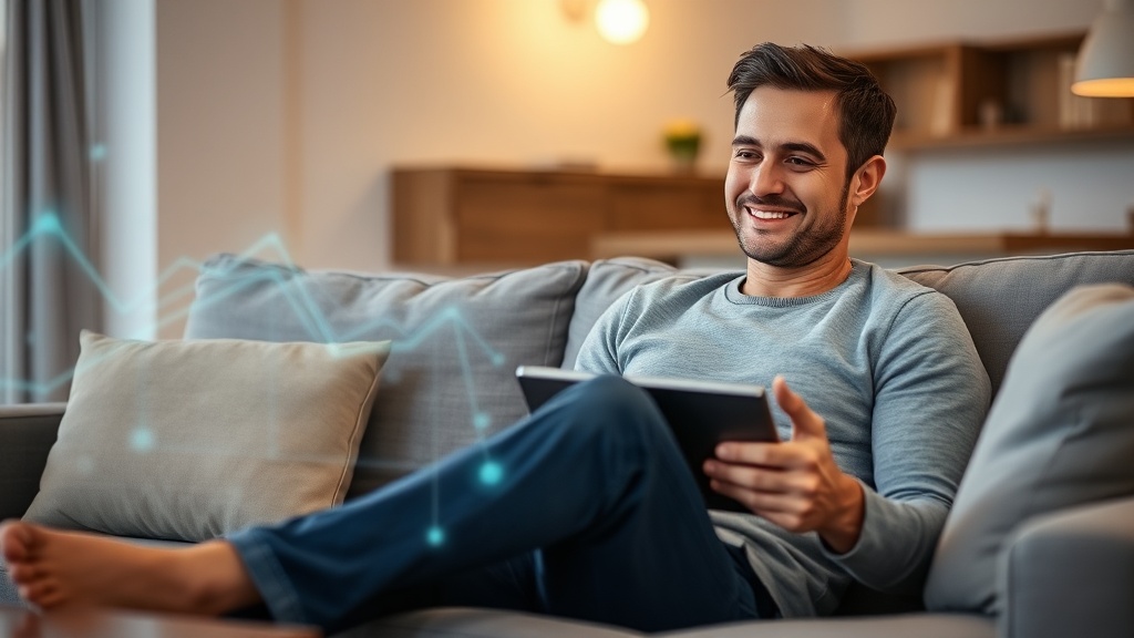 Eine Person sitzt entspannt auf einem Sofa und füllt eine Online-Umfrage auf einem Tablet aus.