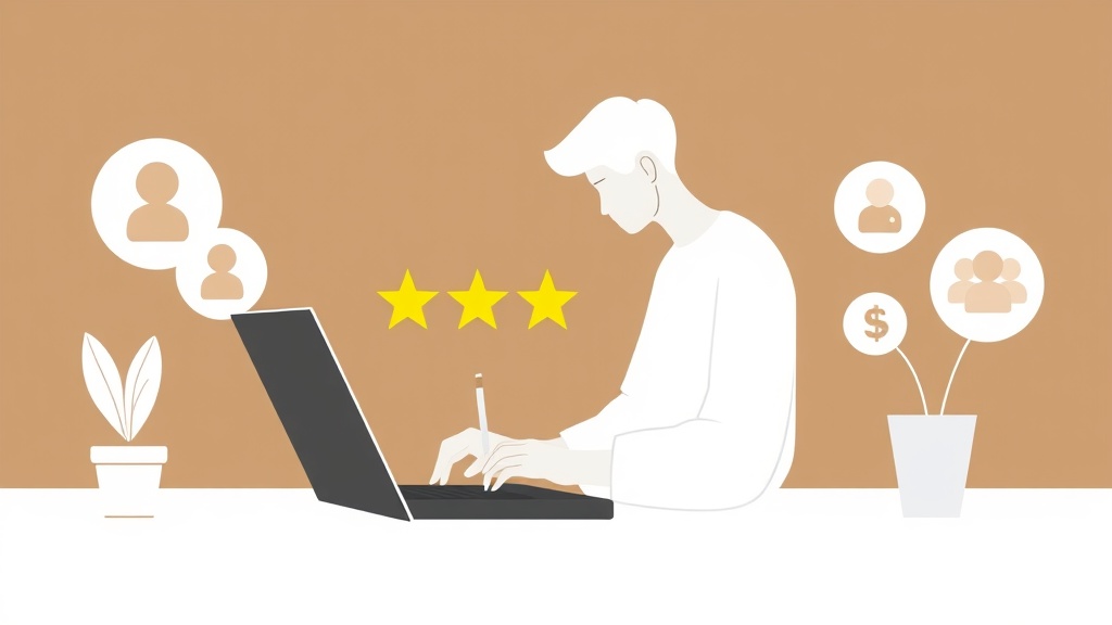 Illustration einer Person, die online eine Bewertung schreibt und dafür belohnt wird.