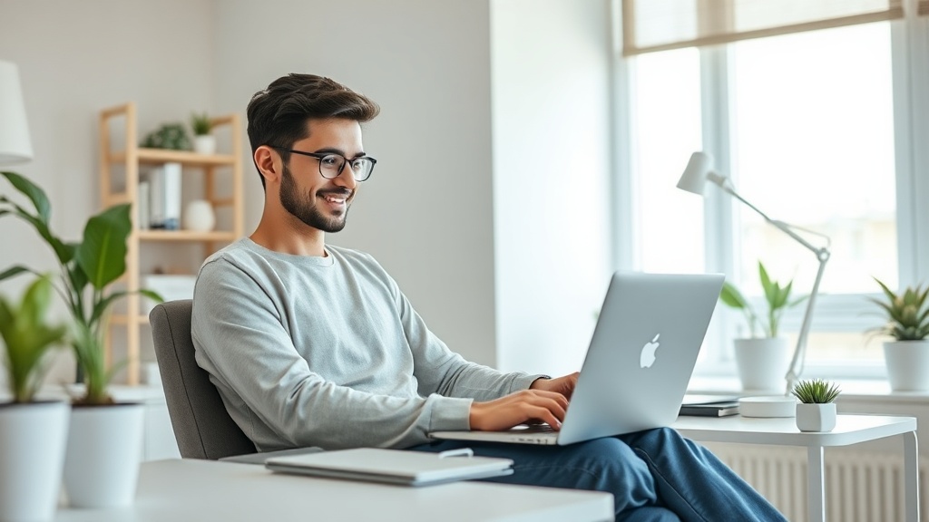 Eine Person arbeitet konzentriert und entspannt an einem Laptop an einem modernen Home-Office-Schreibtisch, symbolisiert das Geldverdienen von zu Hause ohne Kosten.