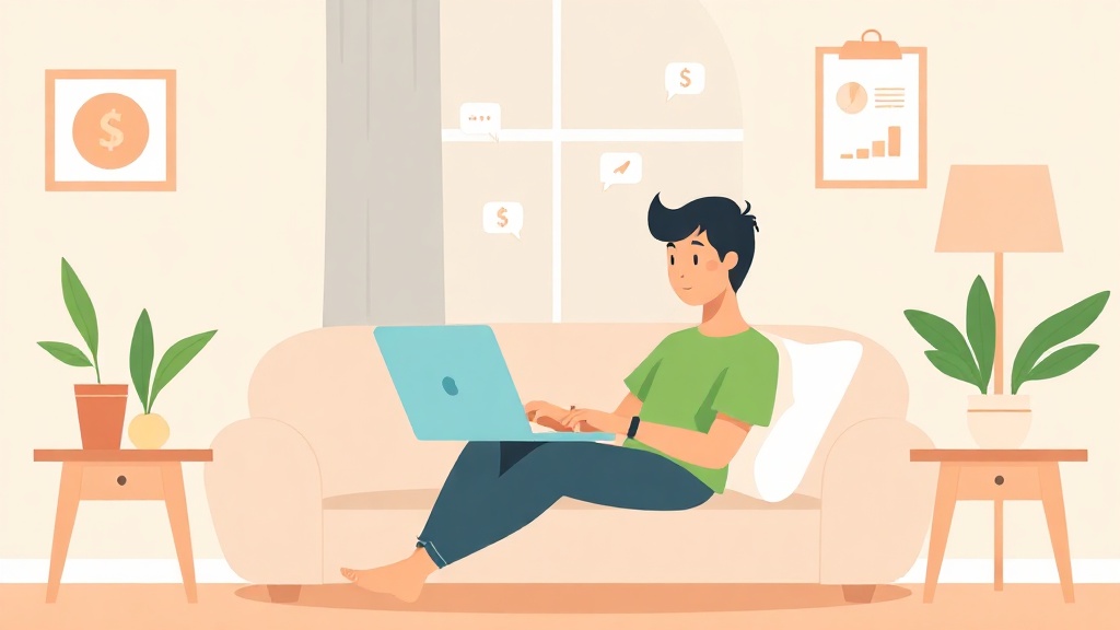 Illustration einer Person, die bequem von zuhause aus am Laptop arbeitet und dabei online Geld verdient.