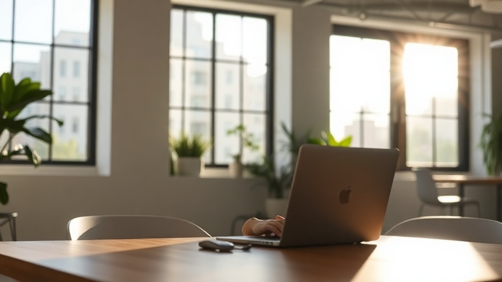 Eine Person arbeitet konzentriert an einem Laptop in einem hellen, modernen Büro mit viel Tageslicht.