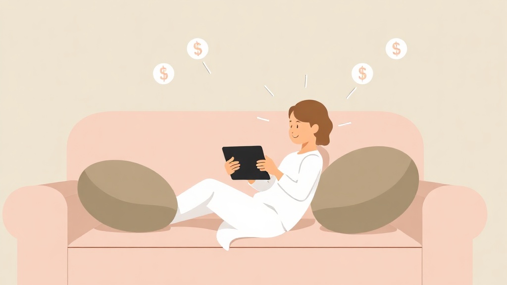 Person füllt online Umfragen aus und verdient Geld auf dem Sofa.