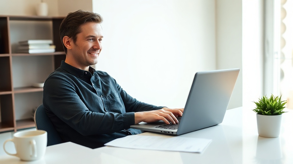 Person sitzt am Schreibtisch, nutzt Laptop für bezahlte Umfragen und verdient online Geld