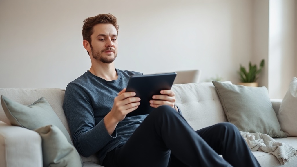 Person auf dem Sofa, die auf einem Tablet bezahlte Online Umfragen beantwortet