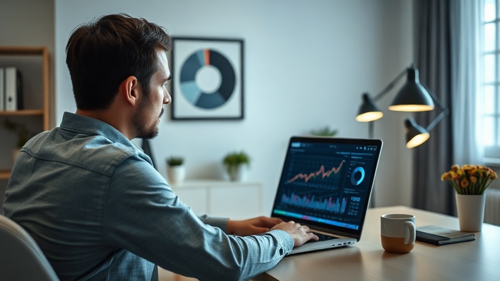 Eine fokussierte Person arbeitet am Laptop in einem modernen Home-Office und sammelt Online Geld verdienen Erfahrungen.