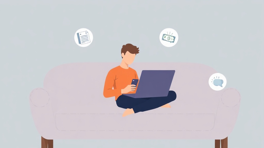 Eine Person nutzt entspannt Laptop und Smartphone auf dem Sofa, um mit seriösen Online-Umfragen Geld zu verdienen.