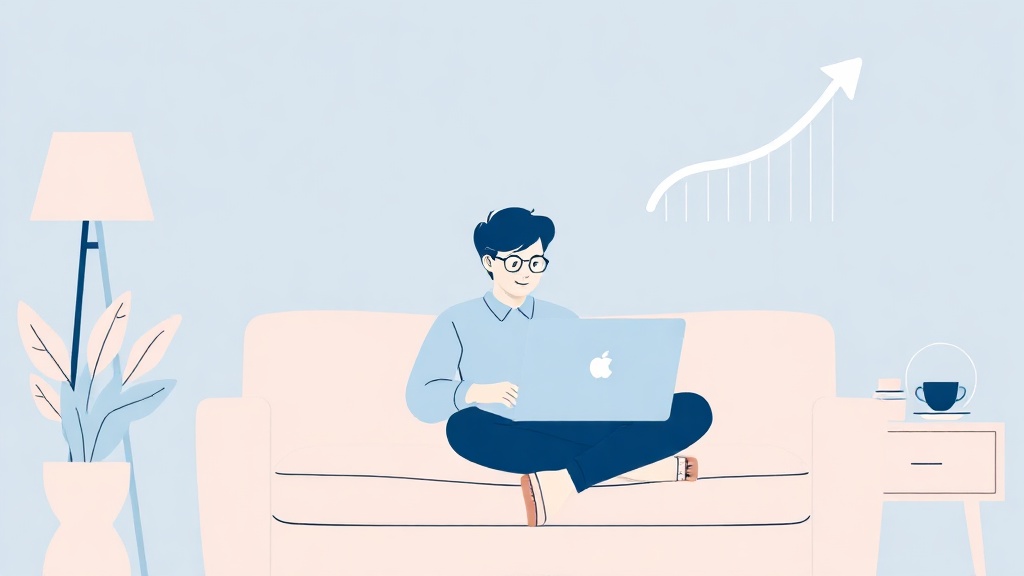 Eine Person arbeitet entspannt von zuhause am Laptop, mit subtilen Grafiken, die Einkommenswachstum und Flexibilität symbolisieren.
