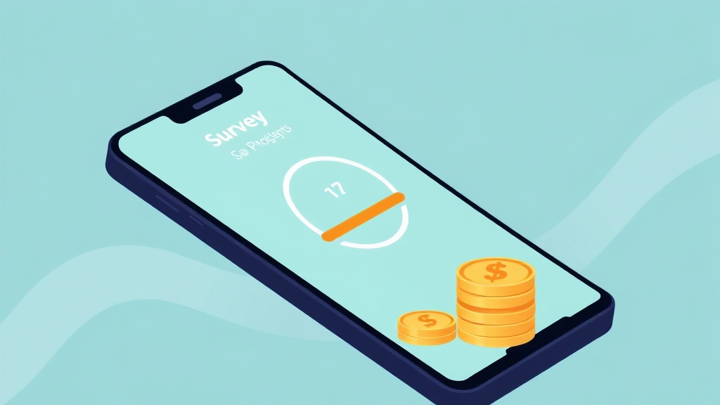 Smartphone mit einer Umfrage und Münzen, die online Verdienst symbolisieren