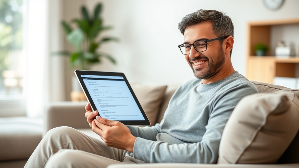 Eine Person füllt entspannt eine Online-Umfrage auf einem Tablet aus, um sich nebenbei etwas Geld zu verdienen.