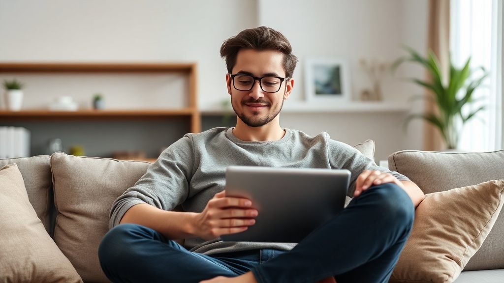 Eine Person sitzt entspannt auf einem Sofa und arbeitet mit einem Tablet, symbolisierend das 'leichte Geldverdienen online' im Jahr 2026.