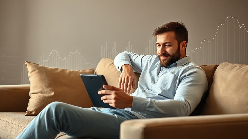 Person entspannt auf Sofa und überprüft passives Einkommen auf Tablet. Symbolisiert, wie man 2026 automatisch Geld verdienen kann.