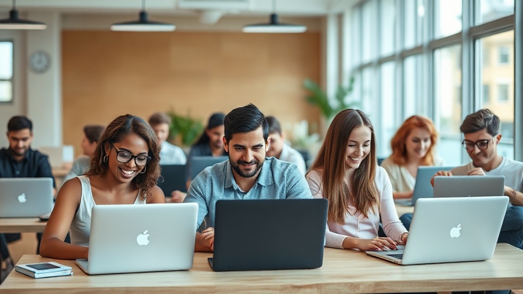 Menschen arbeiten in einem modernen Büro an Laptops, Symbole für Online-Einkommen sind dezent integriert.