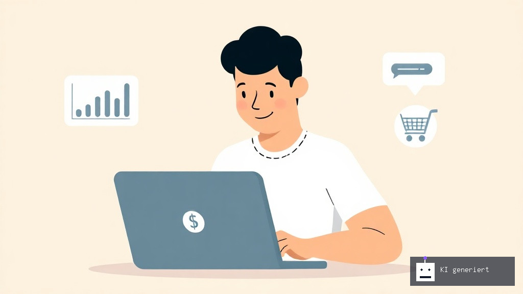 Eine Person arbeitet konzentriert am Laptop, Symbole für Online-Einkommen sind dezent integriert.