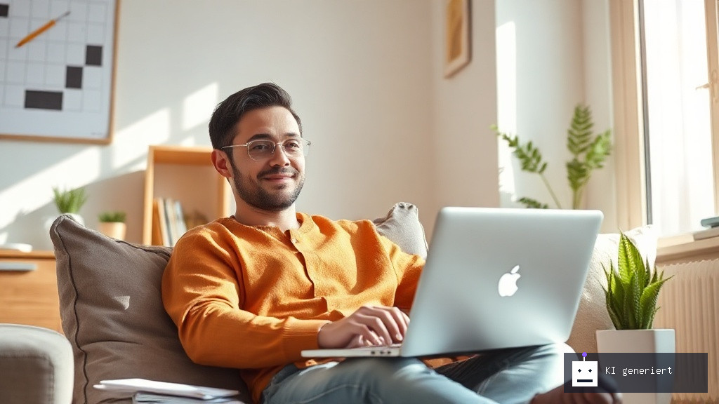 Junge Frau arbeitet konzentriert und entspannt an ihrem Laptop im modernen Home-Office und verdient online von zuhause Geld.