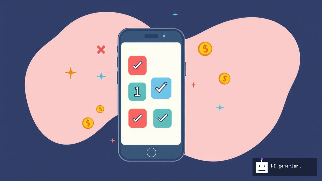 Smartphone mit Umfragen-Symbolen und Geld-Symbolen, das den Verdienst durch Umfragen symbolisiert.