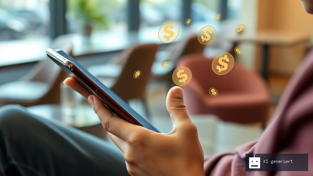 Eine Person sitzt in einem modernen Café und nutzt ihr Smartphone. Kleine Geld-Icons und digitale Symbole schweben um den Bildschirm, um das Konzept des Geldverdienens mit Apps darzustellen.