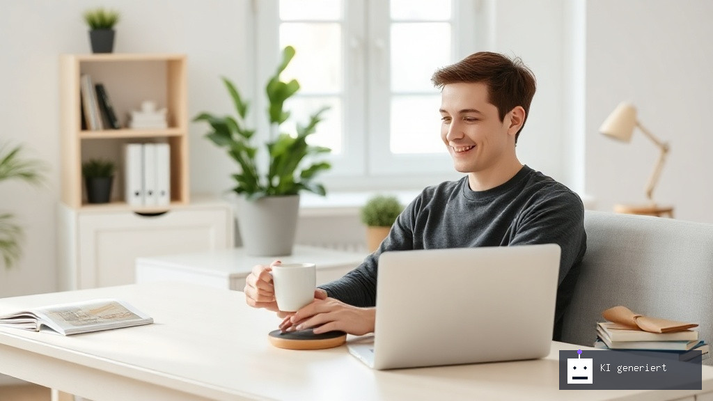 Person arbeitet konzentriert und zufrieden im Homeoffice am Laptop.