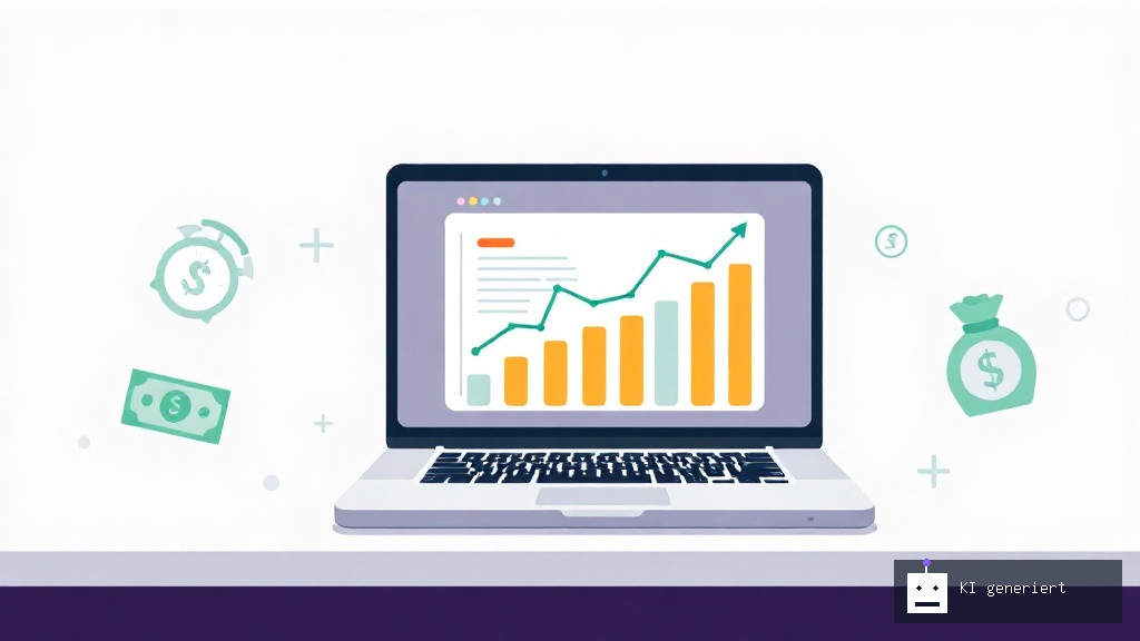 Illustration einer Website, die passives Einkommen generiert, mit einem Laptop und wachsenden Diagrammen.