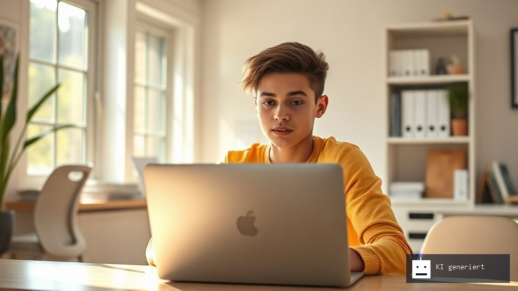 Junge Person arbeitet konzentriert am Laptop im modernen Home-Office, strahlender Sonnenschein, symbolisiert den Weg zu Online-Einkommen.