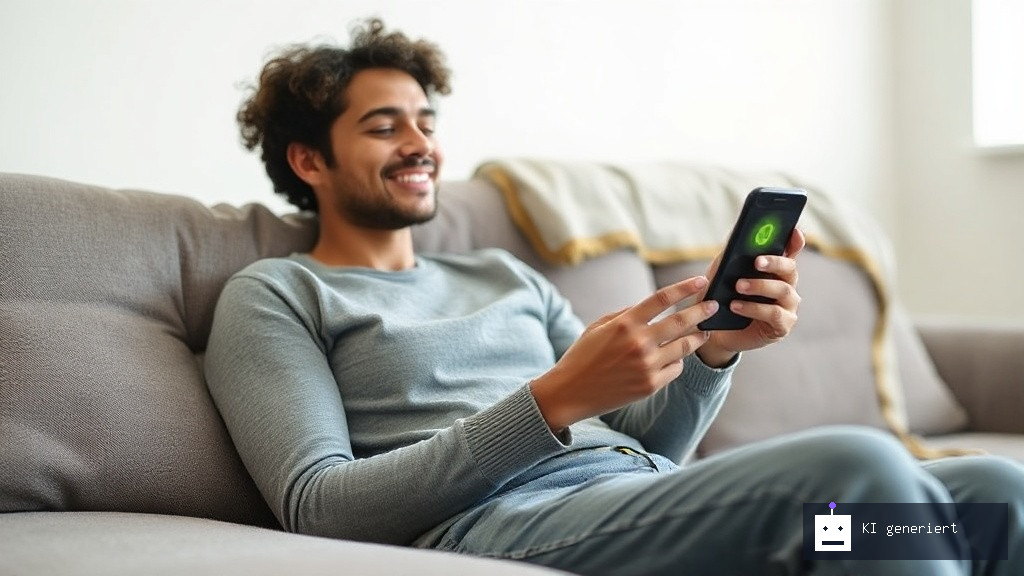 Entspannte Person auf Sofa verdient mit Handy nebenbei Geld durch Online-Umfragen.