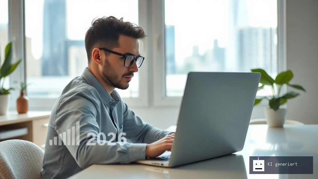 Person arbeitet am Laptop in einem modernen Home-Office und verdient online Geld im Jahr 2026.