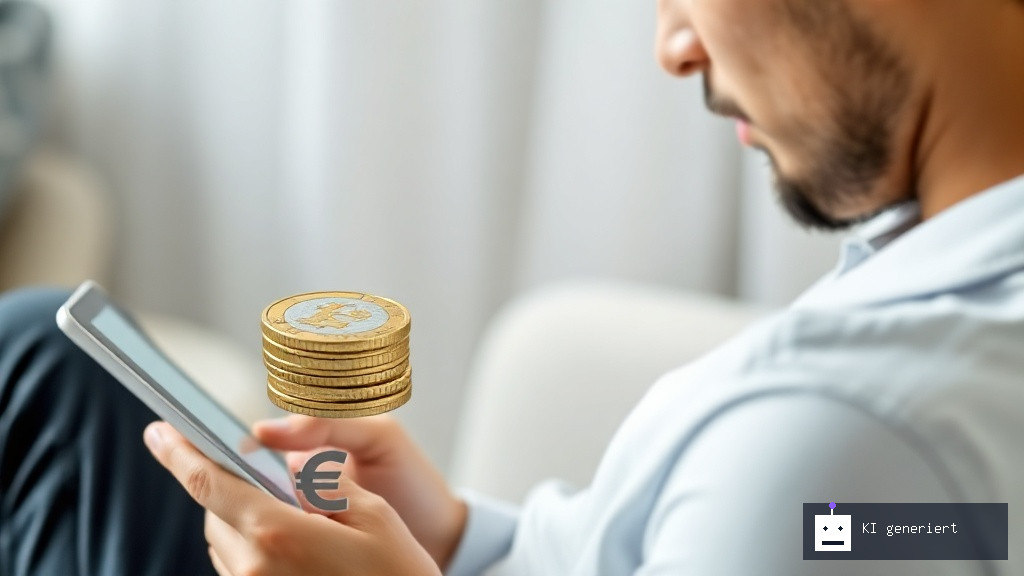 Eine Person schaut entspannt auf ein Tablet oder Smartphone, das eine digitale Anzeige zeigt, während daneben ein kleiner Stapel Euro-Münzen liegt. Symbolisiert das Verdienen von Kleingeld durch Werbung.