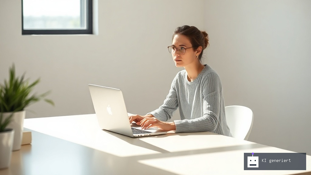 Eine Person sitzt an einem modernen Schreibtisch und blickt nachdenklich auf ihren Laptop, umgeben von hellem Tageslicht.