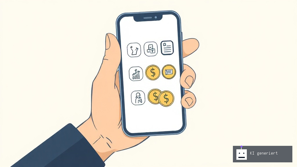 Hand hält Smartphone mit Umfrage-Symbolen und Münzen für Online-Verdienst