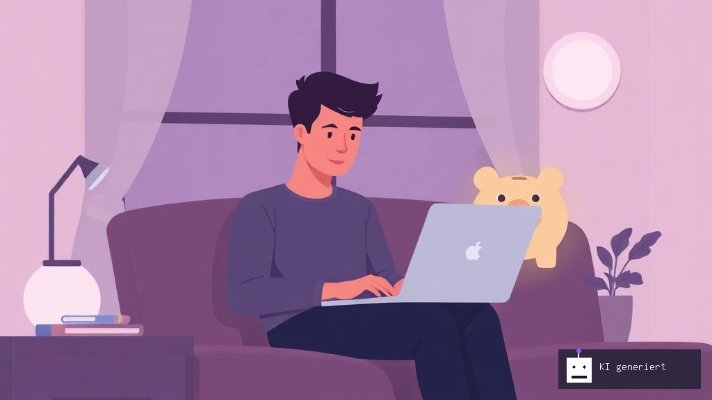 Illustration einer Person, die abends zu Hause am Laptop arbeitet, neben ihr erscheint symbolisch Geld für ein zusätzliches Einkommen.