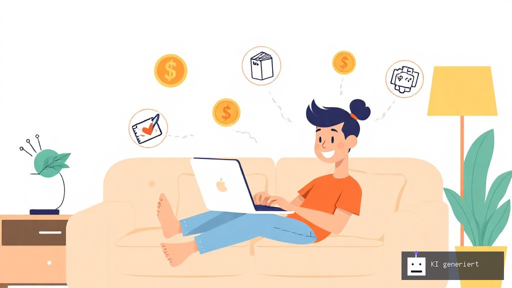 Eine Person nutzt entspannt einen Laptop zu Hause, um online Geld zu verdienen, mit verschiedenen Symbolen für Umfragen und Produkte.