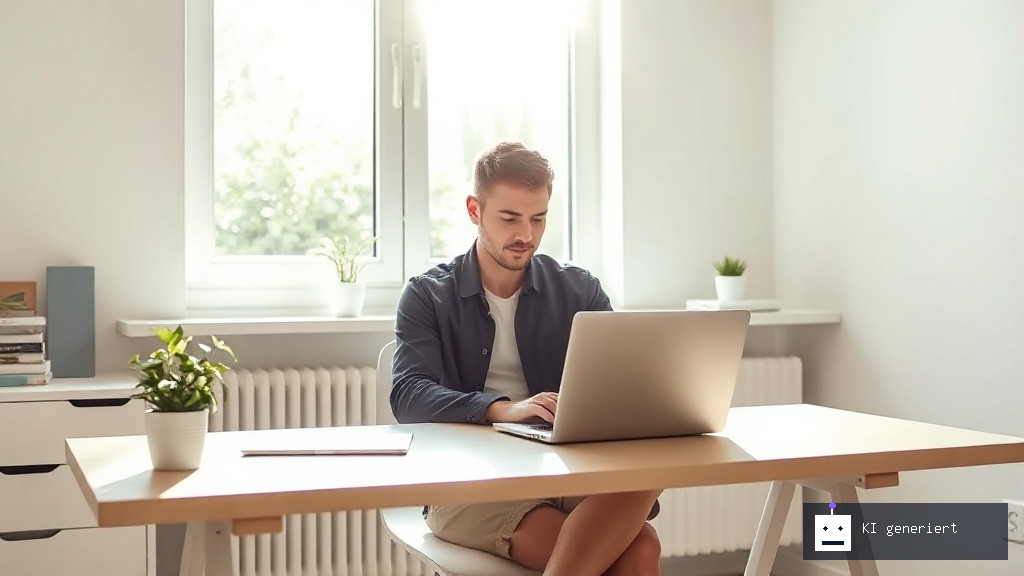 Eine Person arbeitet konzentriert an einem Laptop in einem hellen, modernen Homeoffice.