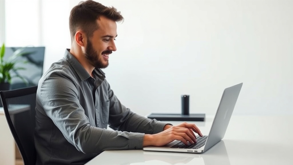 Eine Person arbeitet konzentriert an einem Laptop, der abstrakte Finanzdaten anzeigt, in einem modernen, hellen Büro. Symbolisiert Online-Geldverdienst.