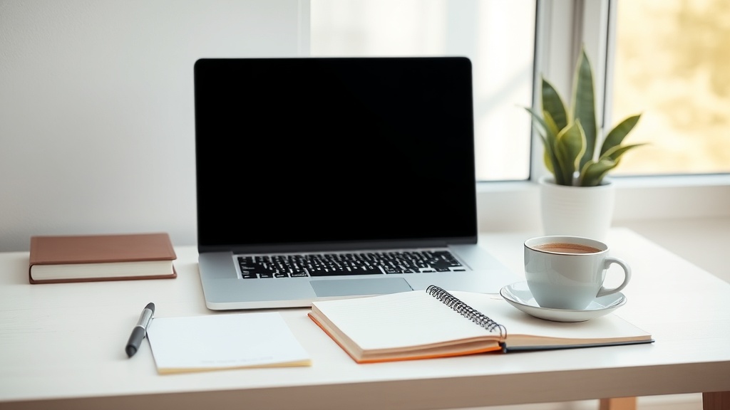 Ein moderner, minimalistischer Arbeitsplatz mit Laptop und Notizbuch als Symbol für das Arbeiten im Homeoffice.