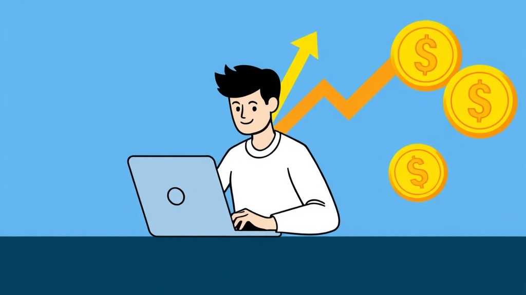 Person verdient schnell Geld online mit einem Laptop, symbolisiert durch Pfeile und Münzen.