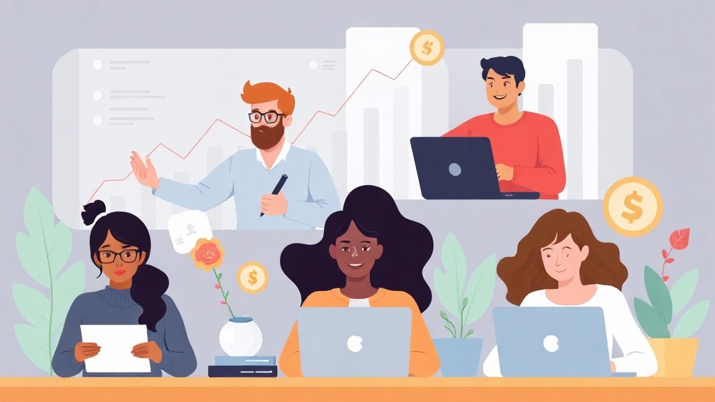 Illustration von verschiedenen Menschen, die online Geld verdienen durch Tätigkeiten wie Programmieren, Schreiben und Design.