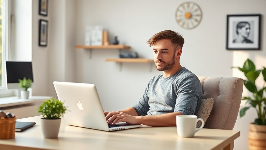 Eine Person arbeitet konzentriert an einem Laptop in einem modernen Homeoffice, um einen Nebenverdienst online zu erzielen.