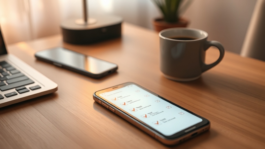 Ein Smartphone mit einer Online-Umfrage auf einem modernen Holzschreibtisch neben einer Kaffeetasse, Symbolbild für seriöse Online-Umfragen.