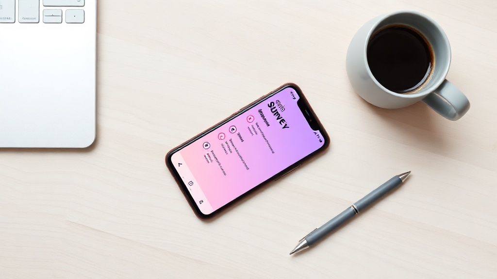 Ein modernes Smartphone auf einem hellen Holzschreibtisch zeigt eine Benutzeroberfläche für Online-Umfragen, daneben steht eine Kaffeetasse.